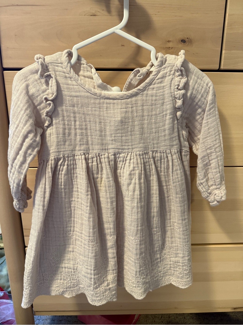 Light Pink Cream Ruffle-Trim Muslin Dress
